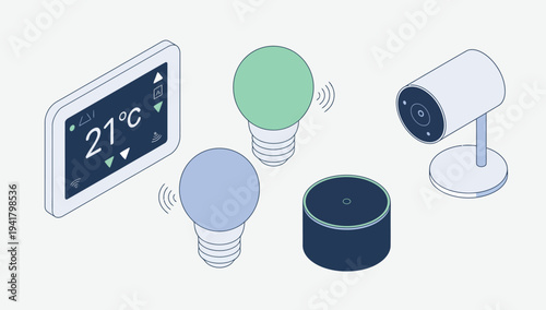 Smart home devices collection: thermostat, light bulbs, camera, and smart speaker.