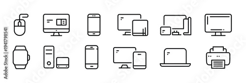 Collection of modern technology icons: computer, smartphone, laptop, tablet, smartwatch, printer.