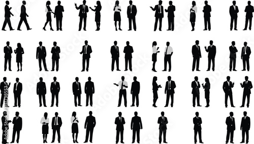 Business people silhouettes collection, men and women in suits talking and meeting, professional corporate figures isolated on white background illustration