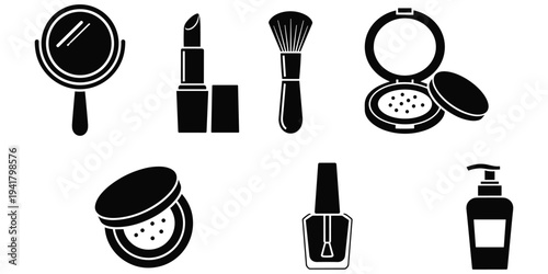 Cosmetic beauty product illustration set, black white design, mirror lipstick brush motif, compact powder nail polish artwork, lotion bottle decorative motif, flat vector drawing