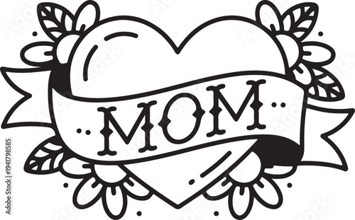 mom heart flower ribbon tattoo style black white outline vector illustration