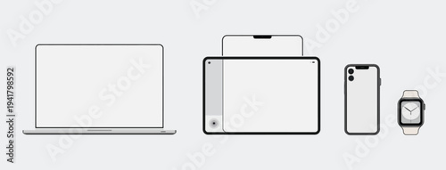 Set of modern electronic devices including laptop, tablet, smartphone, and smartwatch on grey.
