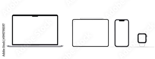 Collection of sleek electronic devices: laptop, tablet with stylus, smartphone, and smartwatch.