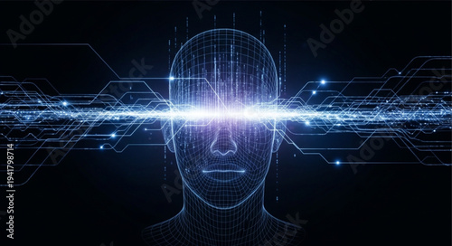 Futuristic Digital Human Head with Data Streams.