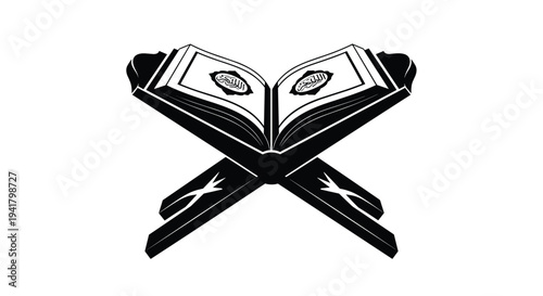 Black and white illustration of an open book on a lectern or reading stand, Generative AI.