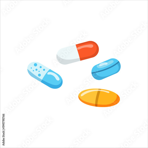 Colorful medicine pills and capsules pharmaceutical medication flat vector illustration