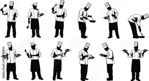 Chef silhouettes collection cooking and serving food, professional cook poses with kitchen utensils isolated on white background illustration set