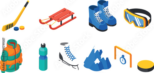 Winter sports equipment collection featuring hockey stick, sled, boots, goggles, jacket, water bottle, ice skate, mountains, stopwatch, and puck, isolated vector.
