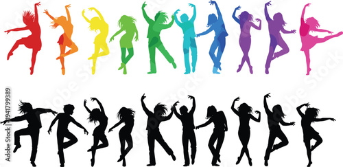 Colorful dancing people silhouettes collection, energetic women dance poses in rainbow colors, party celebration characters isolated on white background