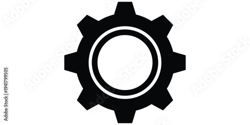 Gear icon illustration, black white mechanical design, settings configuration motif artwork, engineering system symbol, technical decorative motif, machinery preferences artwork, flat vector drawing