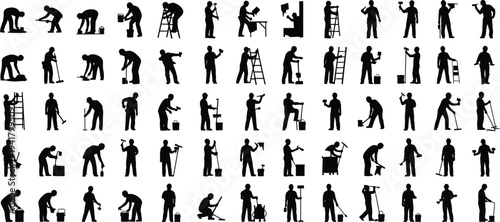 Construction workers silhouettes collection, builders and painters using tools and ladders, handyman repair service people isolated working figures set