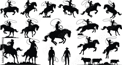 Cowboy riding horse silhouettes collection, western ranch rodeo cowboy with lasso, horse riding action, cattle ranch cowboy characters isolated set