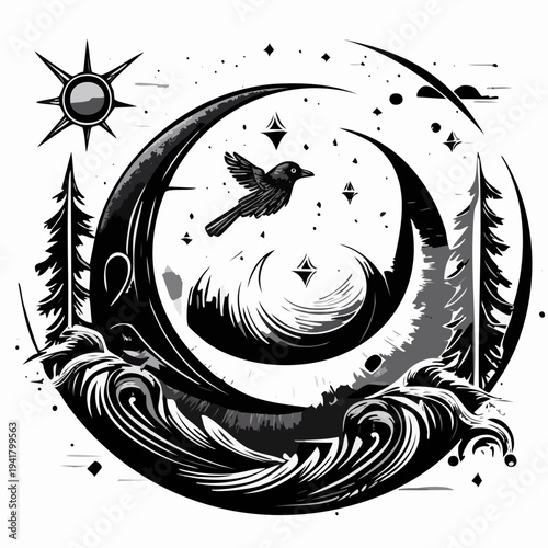 Bird Flying Over Moonlit Ocean Waves.