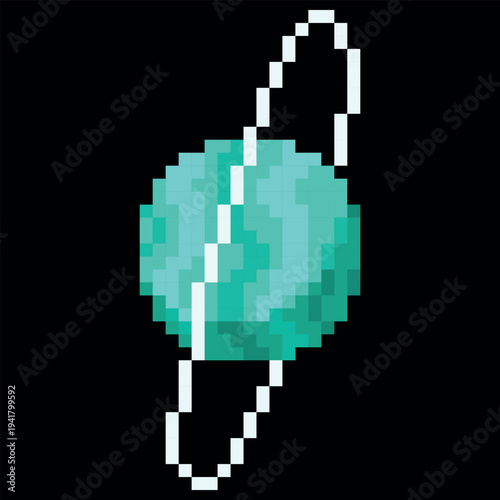 Uranus planet vector pixel art, cartoon cosmic space planet with ring squared contour, retro 8 bit video game universe
