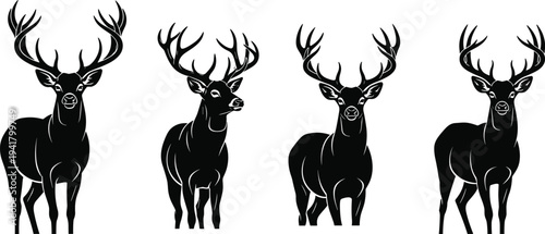 Four black deer silhouettes with antlers on white background