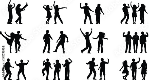 Dancing people silhouettes collection, energetic party dancers, music celebration crowd, nightclub movement, group dance poses isolated on white background, social dancing concept