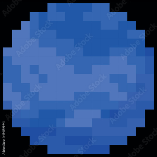 Neptune planet vector pixel art, cartoon cosmic space planet with blue surface squared contour, retro 8 bit video game