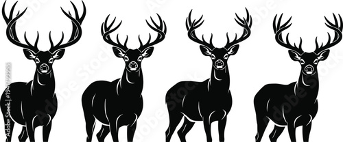 Four black deer silhouettes with large antlers on white background