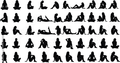 Black silhouettes of women in various yoga poses on white background