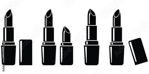 Lipstick silhouette illustration set, black cosmetic design, makeup motif artwork, beauty product symbol, fashion decorative motif, usage variation artwork, flat vector drawing