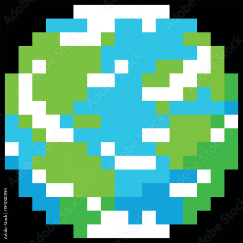 Earth planet vector pixel art, cartoon cosmic space planet with squared contour, retro 8 bit video game universe element