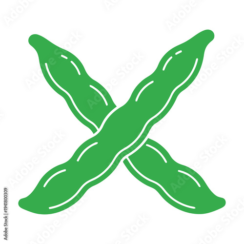 Four green pea pods crossed over each other on white background healthy snack concept vibrant green color simple illustration