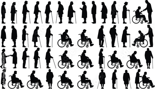 Elderly care silhouettes, aging population mobility, seniors with canes and wheelchairs, healthcare support, assisted living concept illustration, black icons collection set