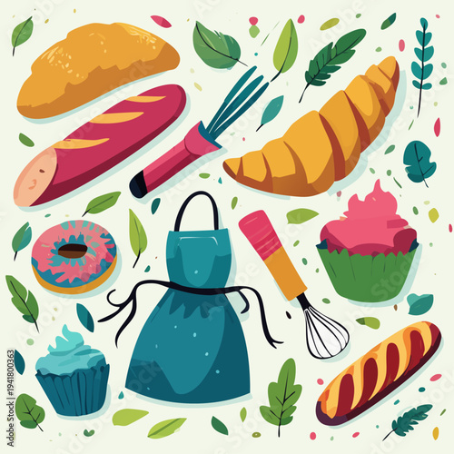 Colorful bakery items and tools.