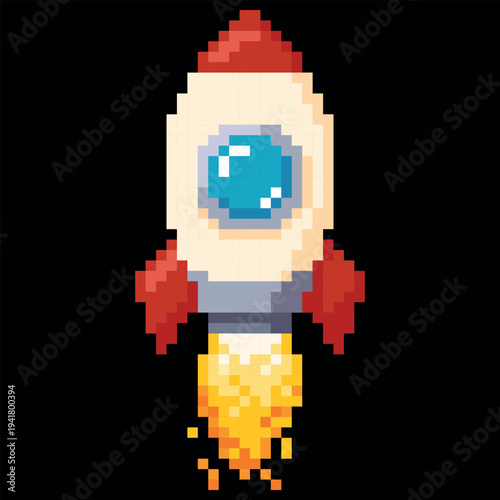 Space rocket or spaceship vector pixel art, retro 8 bit video game cosmos shuttle with portholes and flame