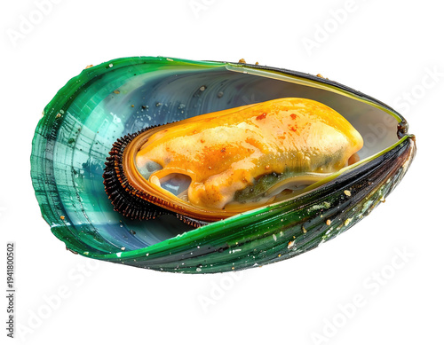 Vibrant green shell with rich orange mussel flesh, glistening