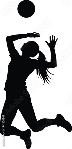 Silhouette of woman playing volleyball with ball in air black white