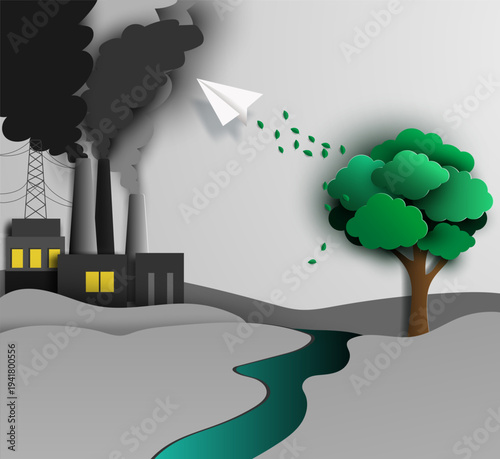 A conceptual paper art illustration showing the contrast between industrial air pollution and a healthy natural environment.
Factory smoke, dark landscape, green tree, flowing river, and a flying pape