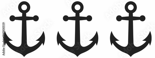 Anchor Icon Set, Nautical Marine Symbol Collection, professional vector pack showing maritime anchor symbols in flat design, scalable illustrations ideal for marine navigation themes, sailing clubs,