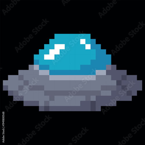 Alien spaceship, UFO spacecraft pixel art, vector cosmos shuttle, retro 8bit video game flying unidentified round saucer