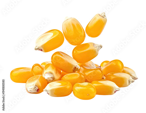Vibrant yellow kernels of popcorn cascade and pile up on white
