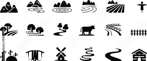 Black and white rural landscape symbols