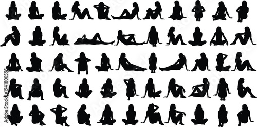 Multiple black silhouettes of people sitting in various poses on white background