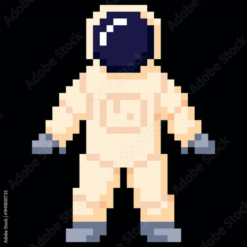 Astronaut in spacesuit pixel art, vector cartoon retro 8 bit videogame cosmonaut squared contour, interstellar character