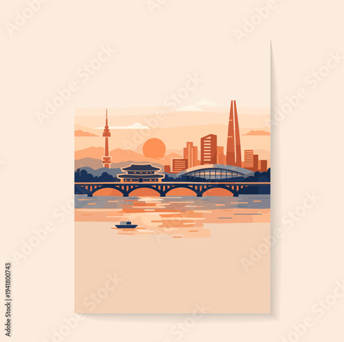 Seoul South Korea Skyline Sunset Travel Poster Flat Vector Illustration