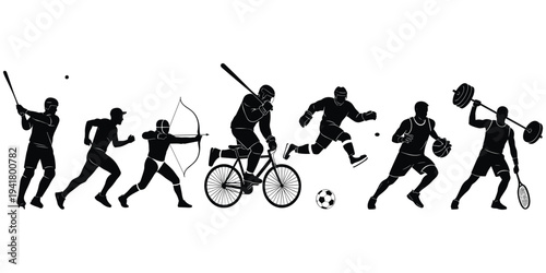 Sports silhouette illustratio illustration, athletes in action, baseball running archery cycling hockey soccer basketball weightlifting tennis, fitness activity art, flat vector illustration