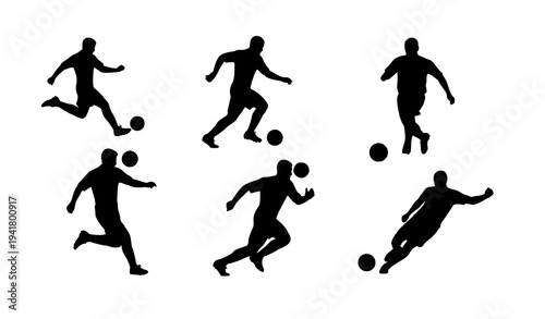Football Player Silhouette Collection with Ball Action Poses Vector