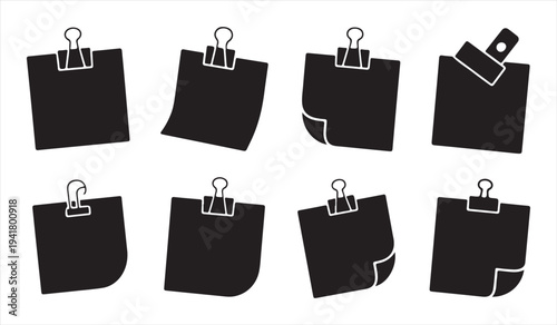 Paper sheet with binder clip silhouettes office document corner curl collection
