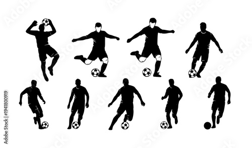 A dynamic black silhouette vector illustration of a soccer player kicking a football in mid-action. Athletic body posture with one leg extended forward striking the ball while the other leg supports t