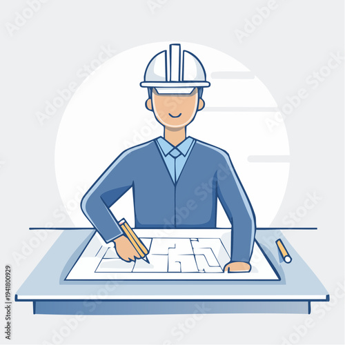 Architect in hard hat designing blueprints at desk with pencil and drawings