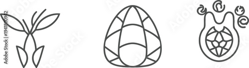 Three black line drawings of plant and gemstone illustrations