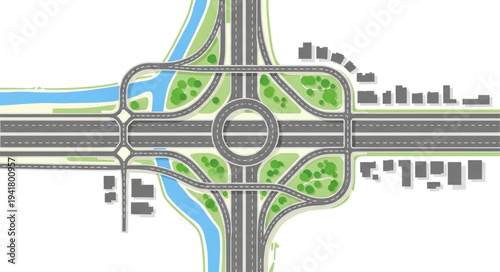 Aerial view of a complex highway interchange with roundabout.