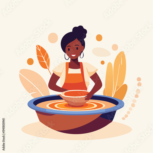 A skilled artisan, a woman of color, meticulously crafts pottery on a spinning wheel, surrounded by warm, earthy tones and natural elements, showcasing the beauty of handmade ceramic art