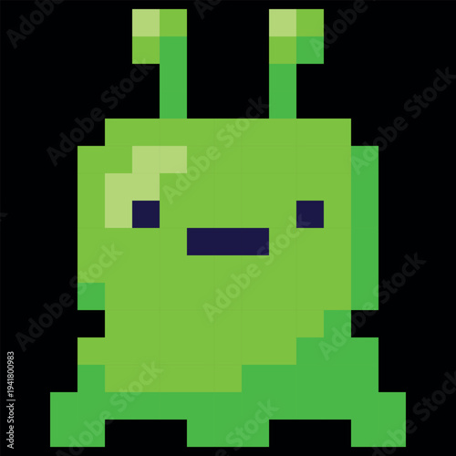 Alien character green octopus vector pixel art, space monster, mutant astronaut, 8 bit video game UFO cosmic creature