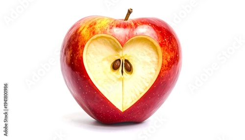 Red apple on white, shaped with heart cut-out, showing seeds and flesh