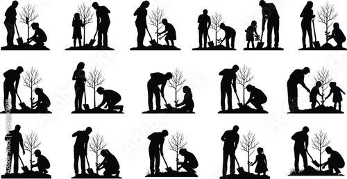 Family planting tree silhouettes collection, parents and children gardening together, environmental conservation activity, tree planting volunteers isolated people set